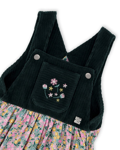 Robe salopette bi-matière verte à imprimé fleuri