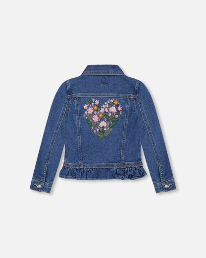 Denim Jacket Blue With Ruffle Hem And Floral Embroidery