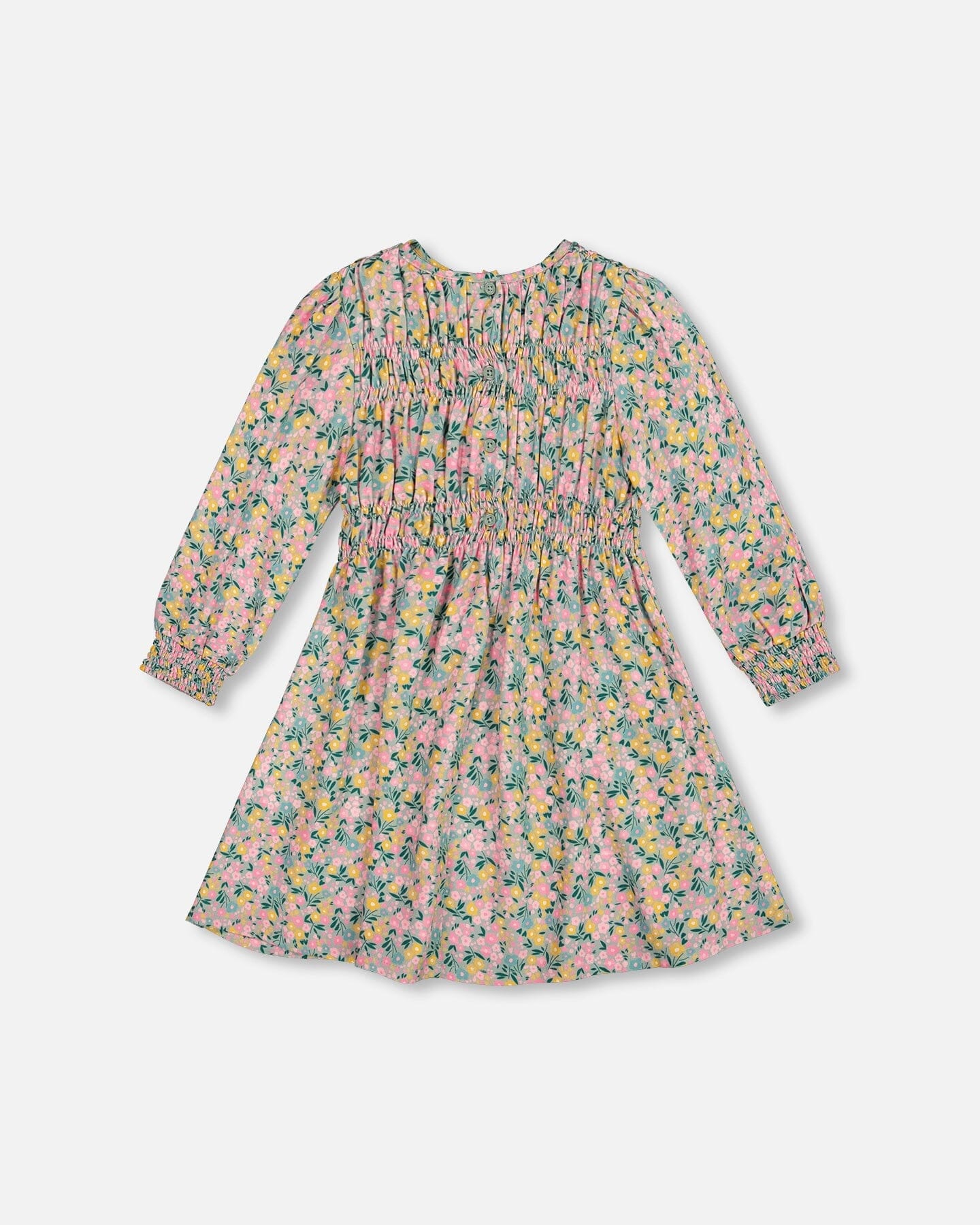 Smocked Viscose Dress Green With Floral Print