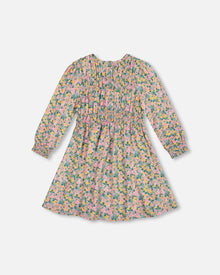 Robe en viscose smockée verte à imprimé floral