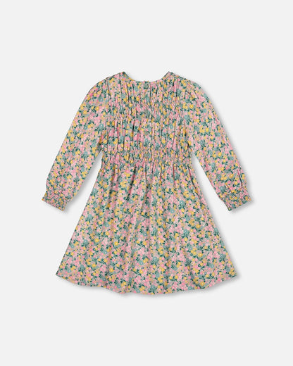 Smocked Viscose Dress Green With Floral Print