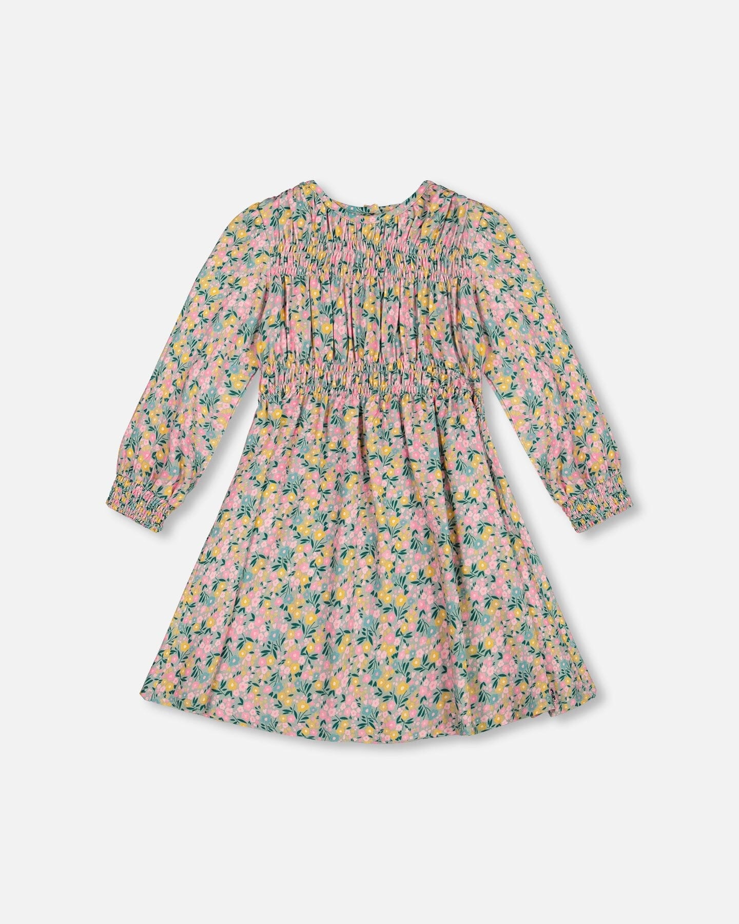 Smocked Viscose Dress Green With Floral Print