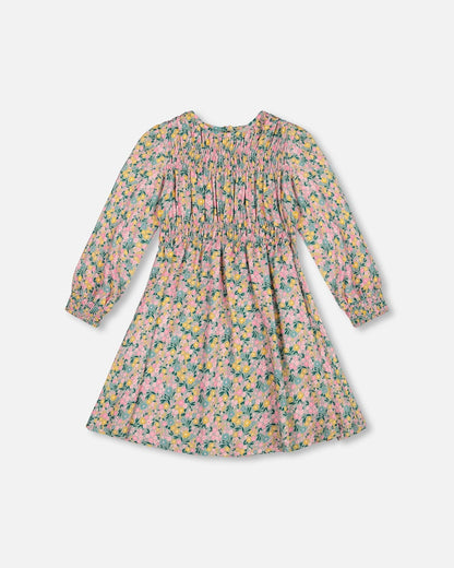 Smocked Viscose Dress Green With Floral Print