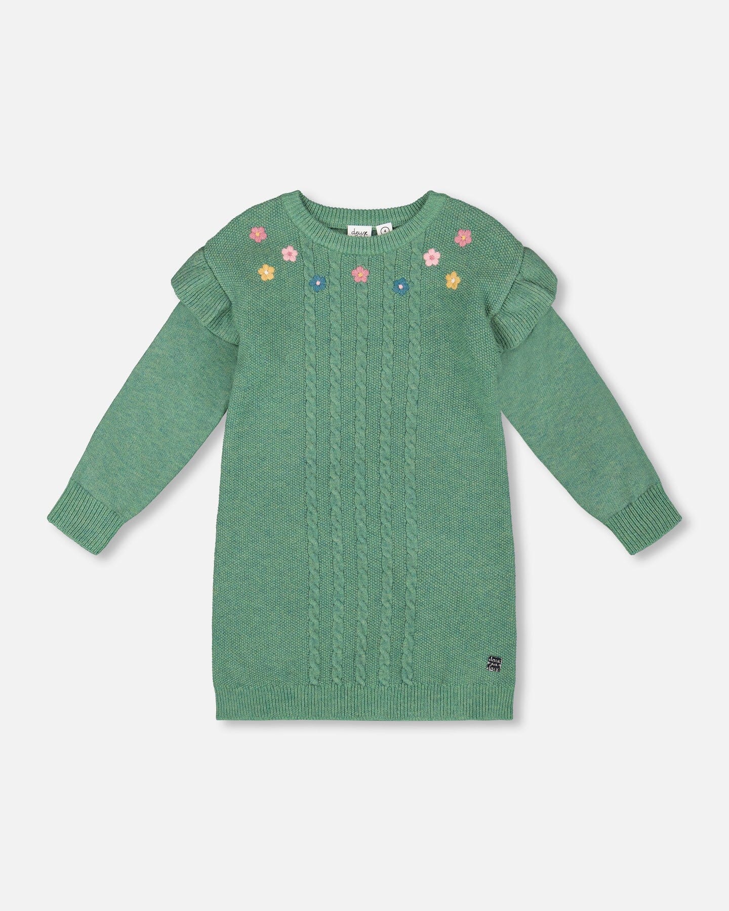 Robe en maille vert sauge à volants et broderies florales