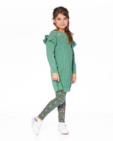Robe en maille vert sauge à volants et broderies florales