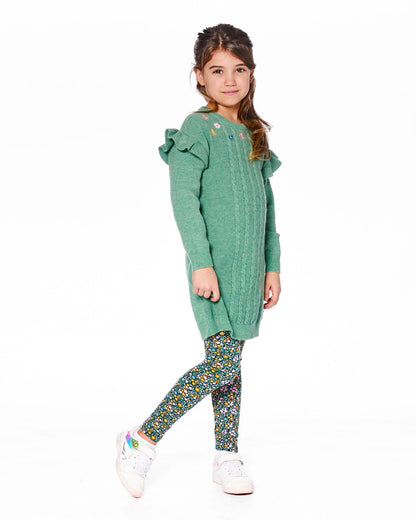 Robe en maille vert sauge à volants et broderies florales