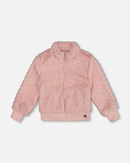 Veste jacquard en fausse fourrure rose poudré