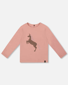 T-shirt Manches Longues en Coton Bio Rose Poudré avec Licorne à Paillettes