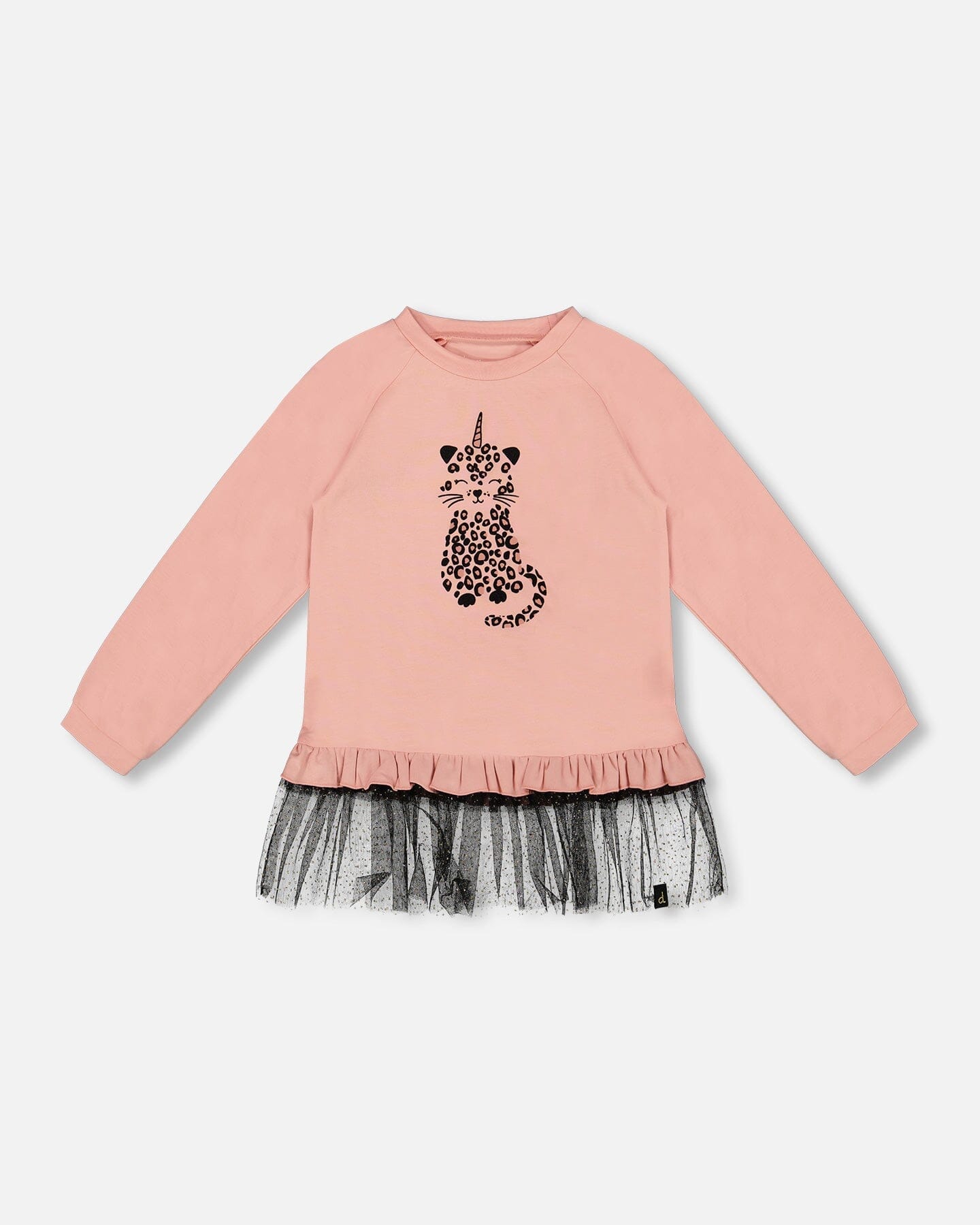 Long top bi-matière rose poudré avec ourlet à volants en maille et imprimé léopard