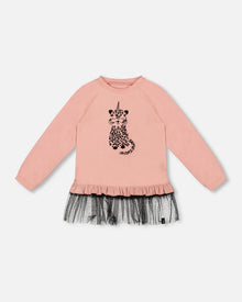 Long Bi-Material Top Dusty Pink With Mesh Ruffle Hem And Leopard Print
