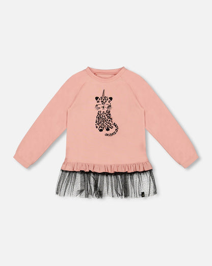 Long top bi-matière rose poudré avec ourlet à volants en maille et imprimé léopard