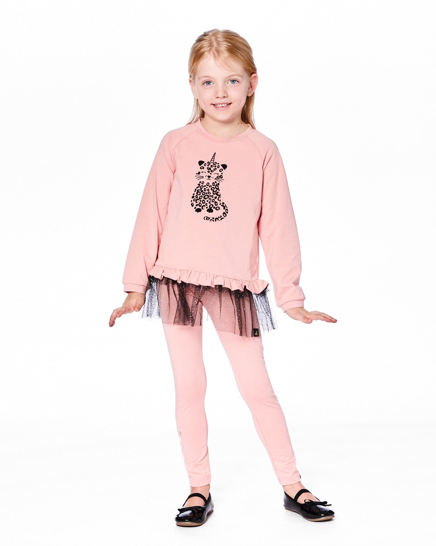 Long top bi-matière rose poudré avec ourlet à volants en maille et imprimé léopard