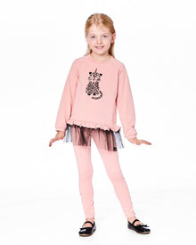 Long Bi-Material Top Dusty Pink With Mesh Ruffle Hem And Leopard Print