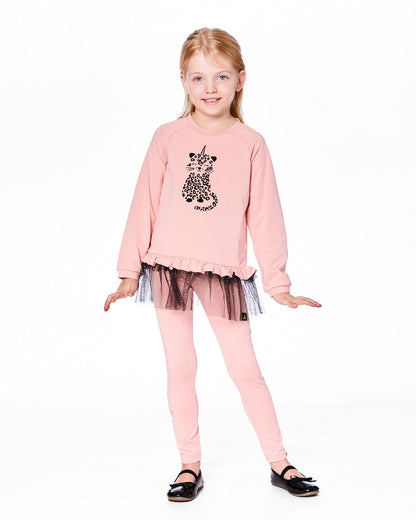 Long top bi-matière rose poudré avec ourlet à volants en maille et imprimé léopard