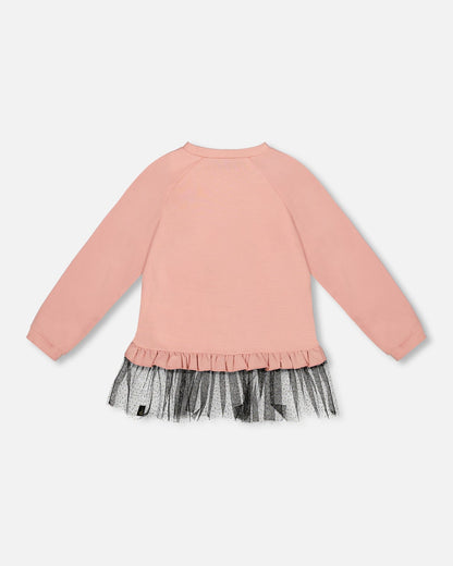 Long top bi-matière rose poudré avec ourlet à volants en maille et imprimé léopard