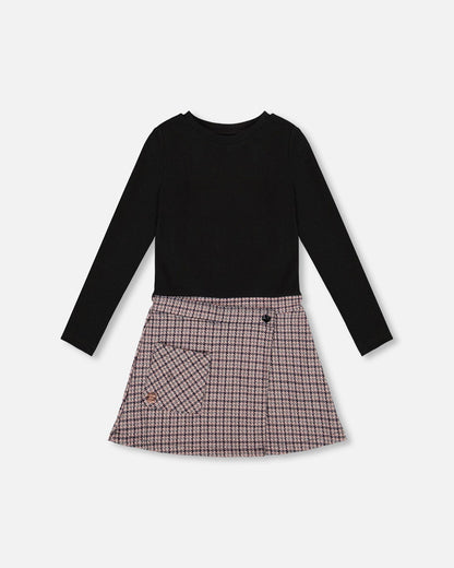 Robe bi-matière noire et pied-de-poule