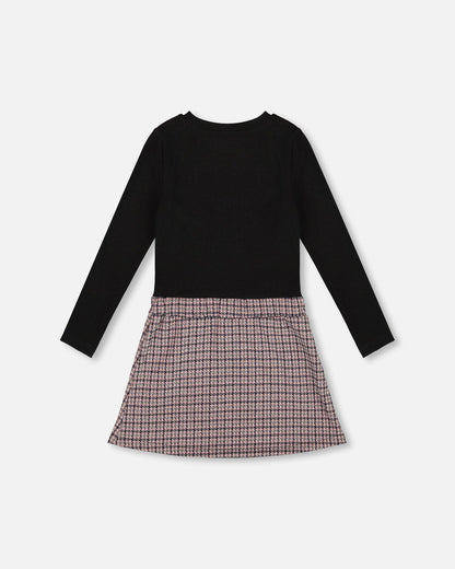 Robe bi-matière noire et pied-de-poule