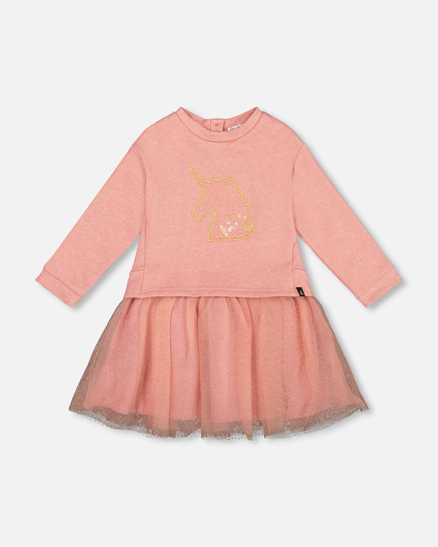 Robe bi-matière rose poudré avec jupe en résille et licorne