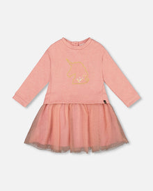 Robe bi-matière rose poudré avec jupe en résille et licorne