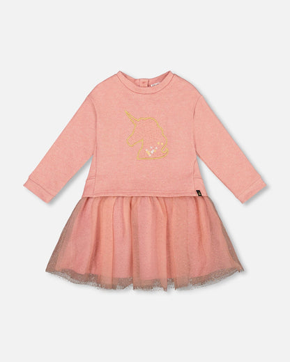 Robe bi-matière rose poudré avec jupe en résille et licorne