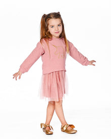Robe bi-matière rose poudré avec jupe en résille et licorne