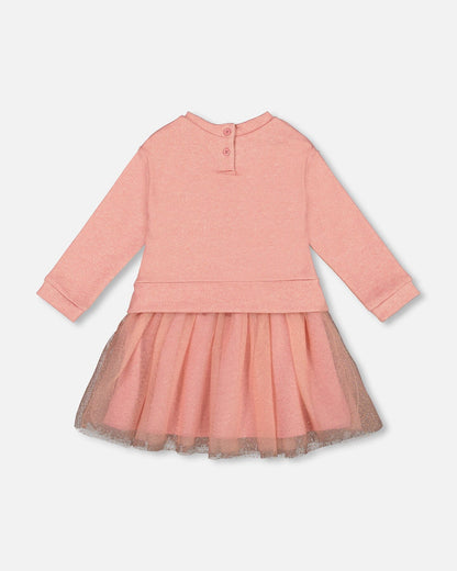 Robe bi-matière rose poudré avec jupe en résille et licorne