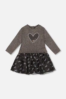 Bi-Material Dress Black With Mesh Skirt And Heart