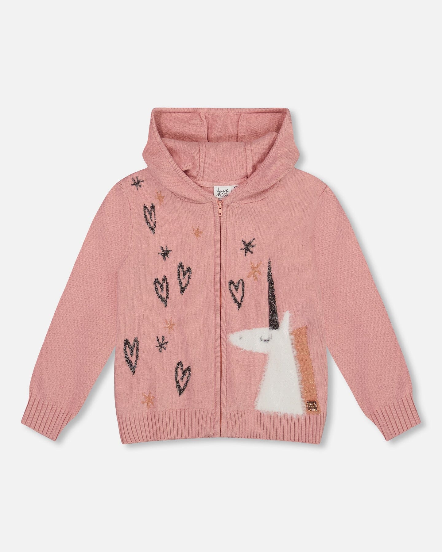 Gilet en maille à capuche rose poudré avec intarsia licorne