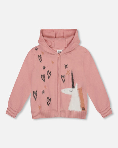 Gilet en maille à capuche rose poudré avec intarsia licorne