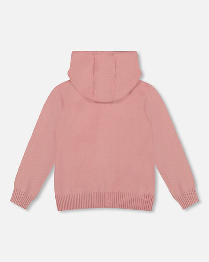 Gilet en maille à capuche rose poudré avec intarsia licorne
