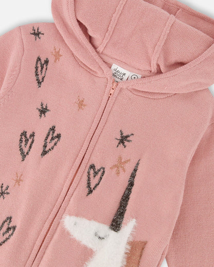 Gilet en maille à capuche rose poudré avec intarsia licorne