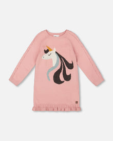 Knitted Dress Dusty Pink With Unicorn Intarsia