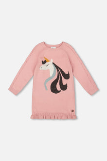 Knitted Dress Dusty Pink With Unicorn Intarsia