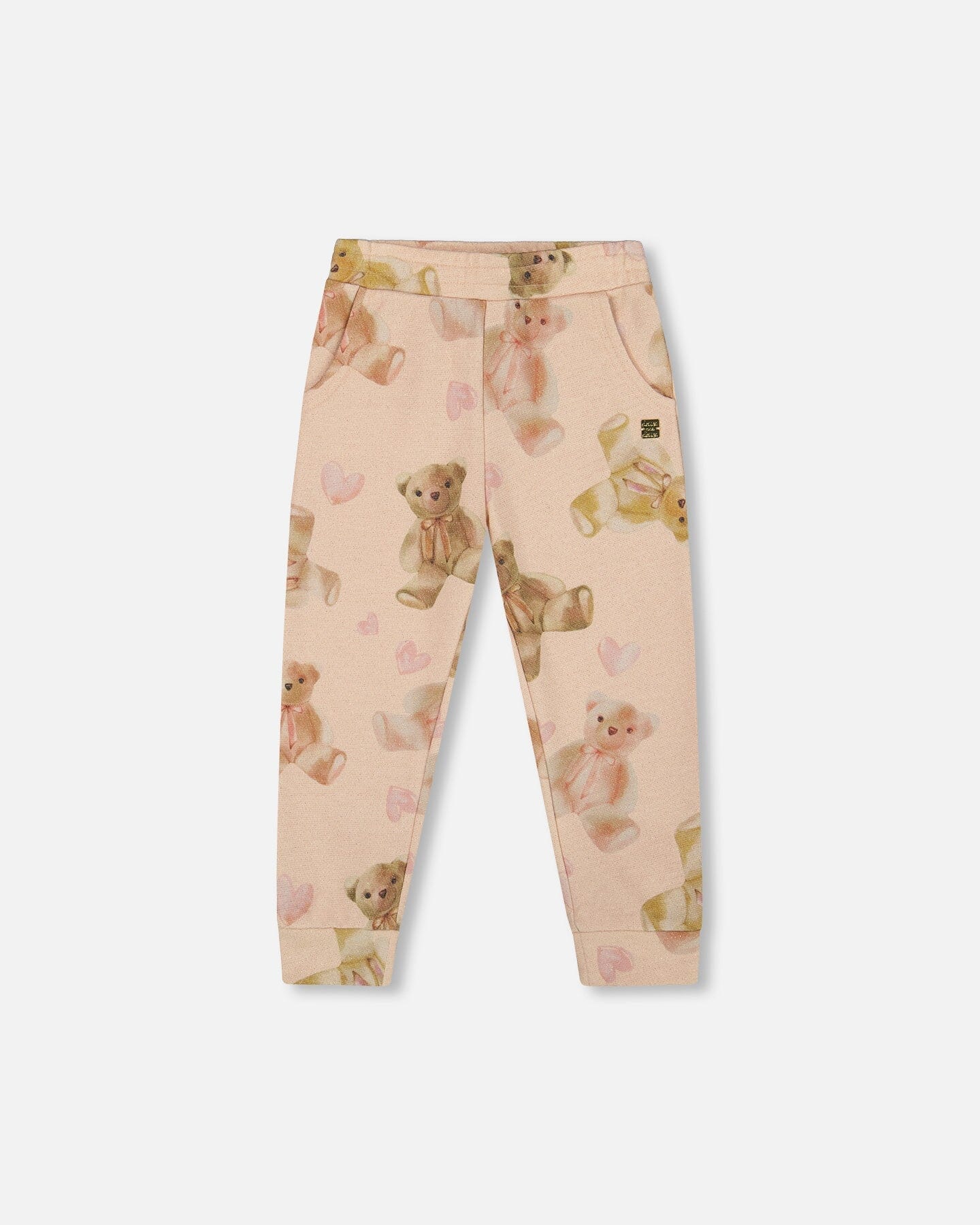 Pantalon de jogging en molleton français scintillant, motif ours en peluche beige