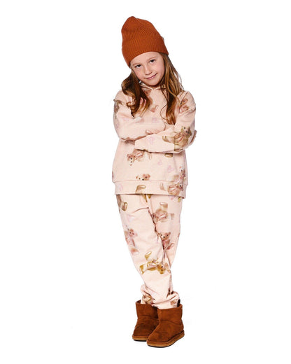Pantalon de jogging en molleton français scintillant, motif ours en peluche beige