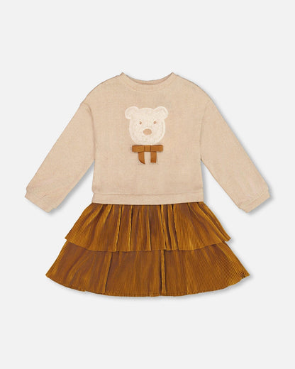 Robe bi-matière marron caramel avec jupe superposée