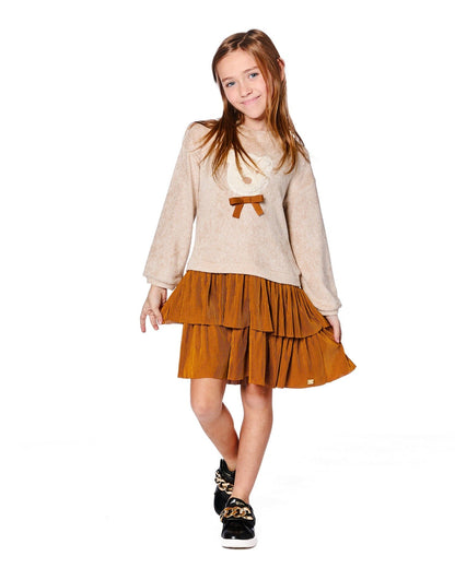 Robe bi-matière marron caramel avec jupe superposée