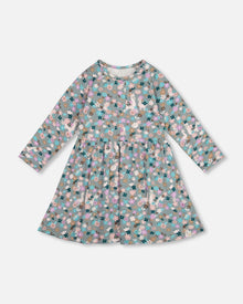 Robe en coton biologique à demi-boutons imprimé lamas bleus