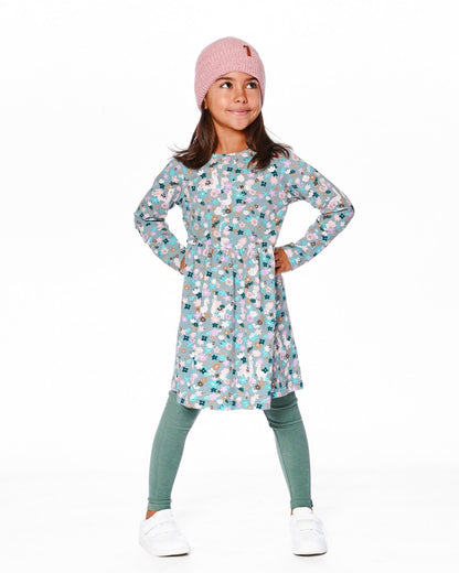 Half Button Organic Cotton Dress Blue Llama Print