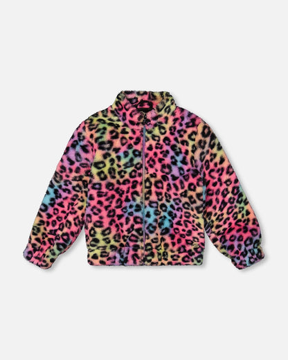 Blouson zippé en fausse fourrure à imprimé léopard multicolore