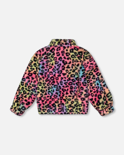 Blouson zippé en fausse fourrure à imprimé léopard multicolore