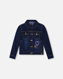 Veste En Jean Stretch Bleu Foncé Avec Cœurs Scintillants Et Licorne
