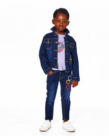 Veste En Jean Stretch Bleu Foncé Avec Cœurs Scintillants Et Licorne