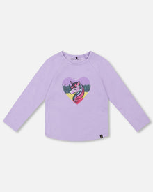 T-shirt à manches longues en coton biologique lavande avec licorne à sequins
