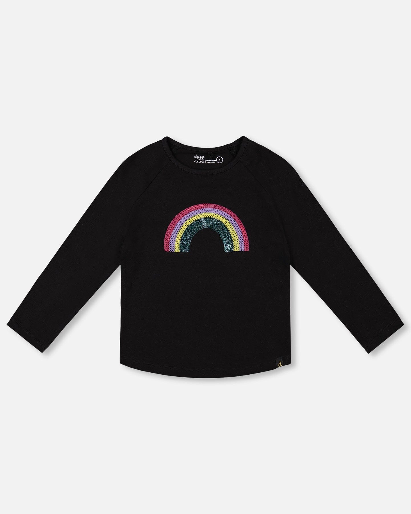 T-shirt à manches longues en coton biologique noir avec arc-en-ciel à sequins