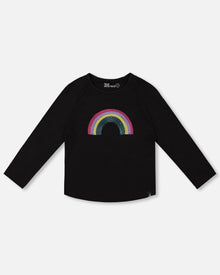 Organic Cotton Long Sleeve T-Shirt Black With Sequin Rainbow