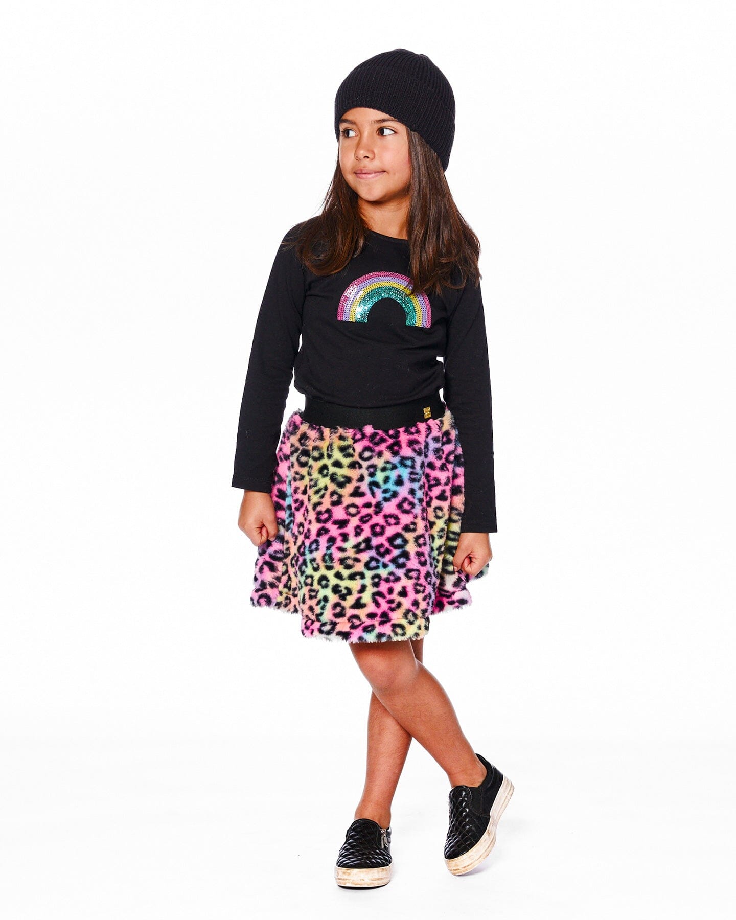 T-shirt à manches longues en coton biologique noir avec arc-en-ciel à sequins