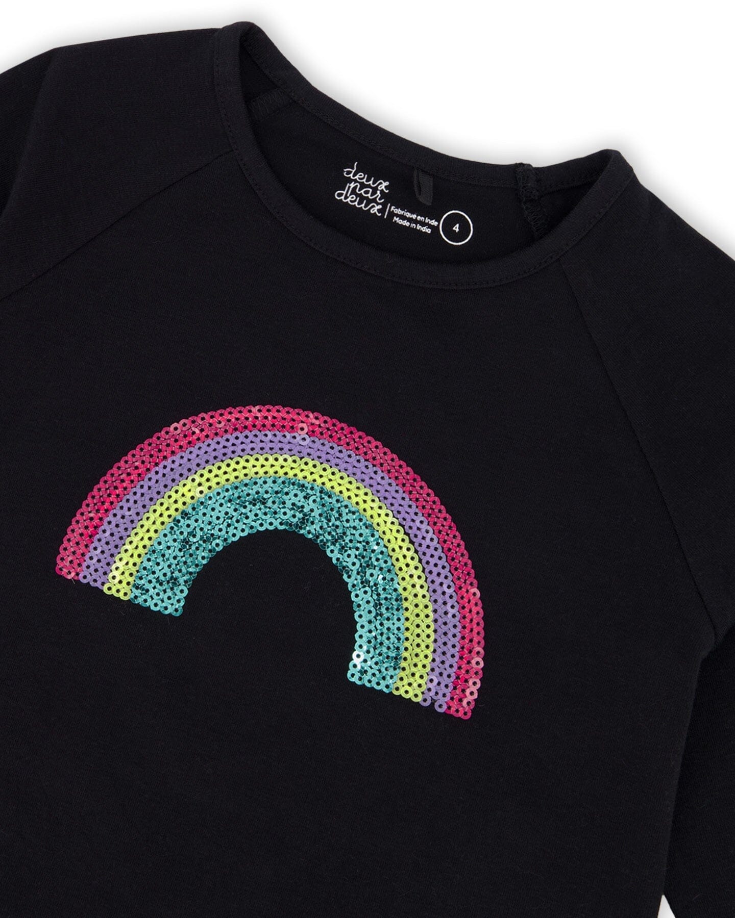 T-shirt à manches longues en coton biologique noir avec arc-en-ciel à sequins