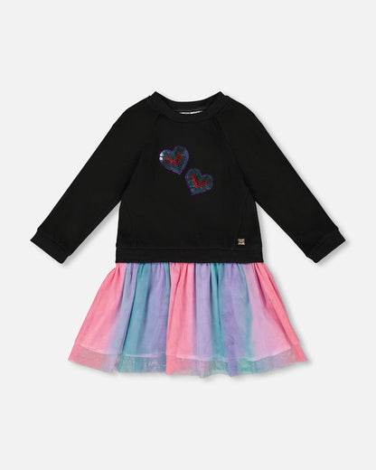 Robe bi-matière noire avec jupe en maille filet
