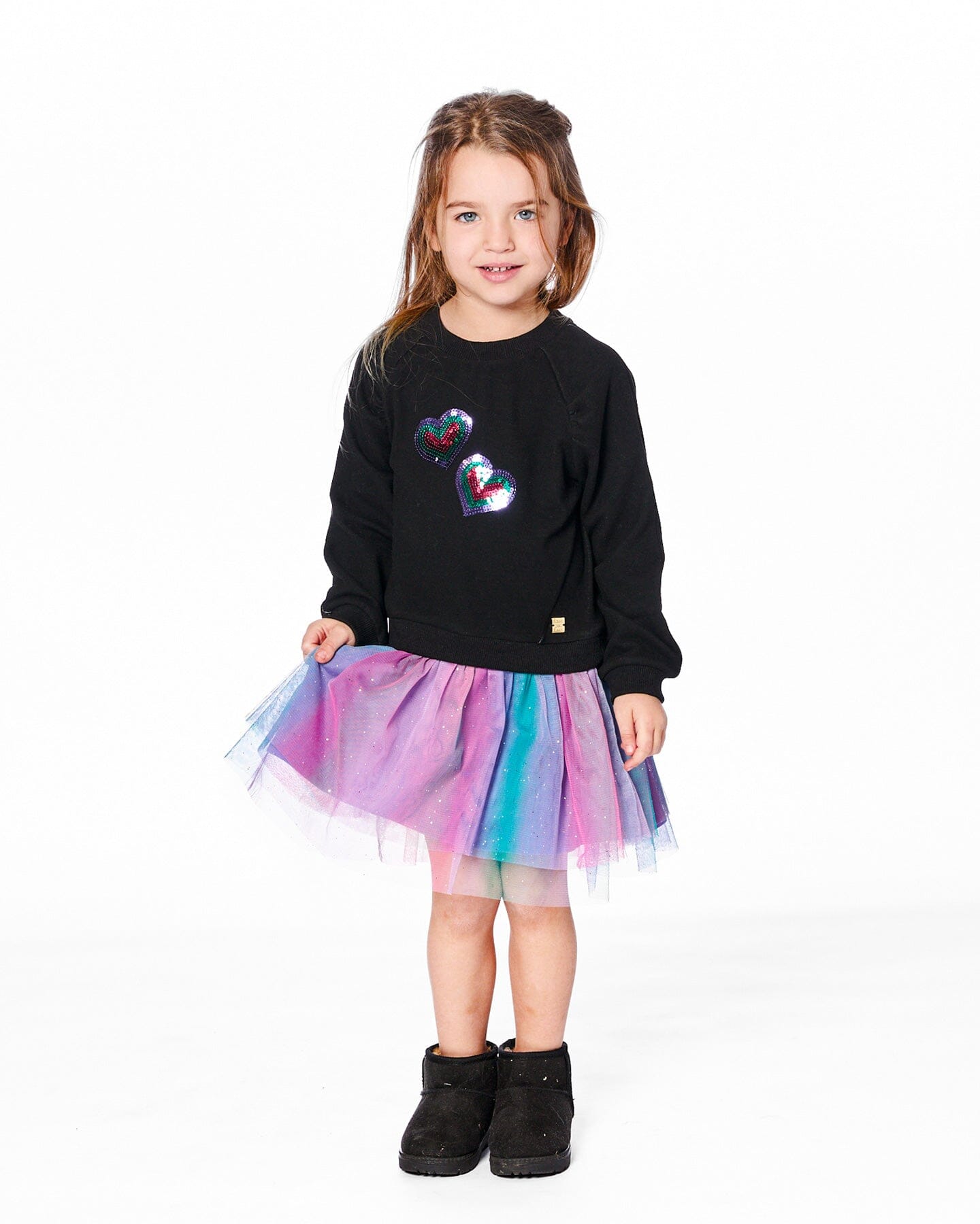 Robe bi-matière noire avec jupe en maille filet